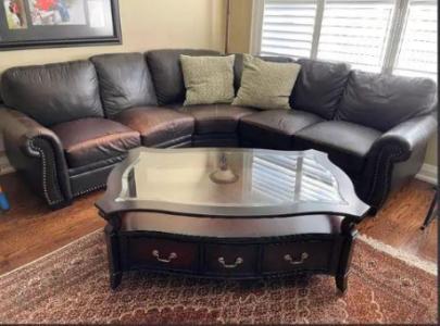 5 seat leather sectional with 3 drawer glass top coffee table